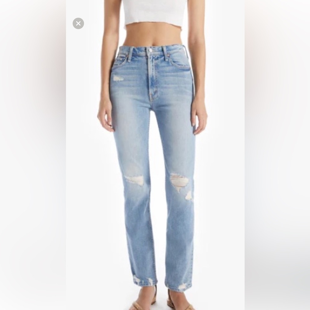 MOTHER Light Blue High-Rise Distressed Straight Jeans